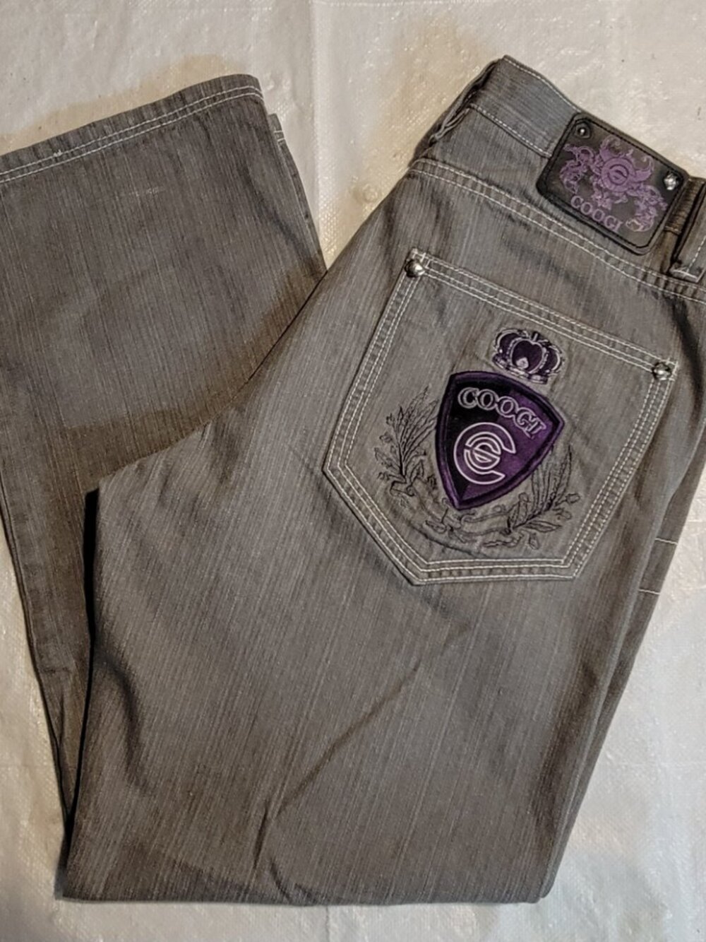 Coogi Jeans Men 38X31 Grey Wash Denim VTG Y2K Baggy Purple Crown Charcoal